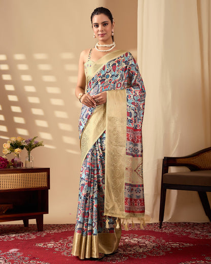 Multicolor Lichi Silk Saree with Golden Zari Border for Women