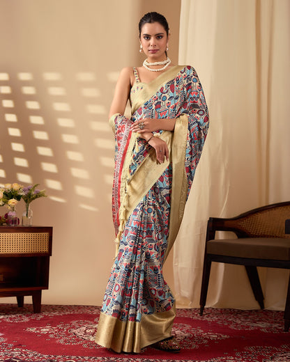 Multicolor Lichi Silk Saree with Golden Zari Border for Women