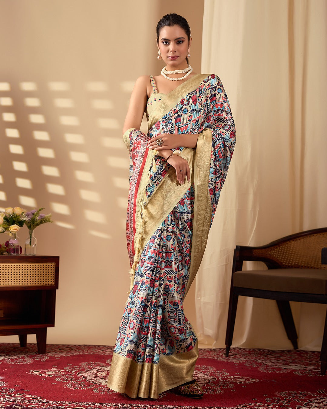 Multicolor Lichi Silk Saree with Golden Zari Border for Women