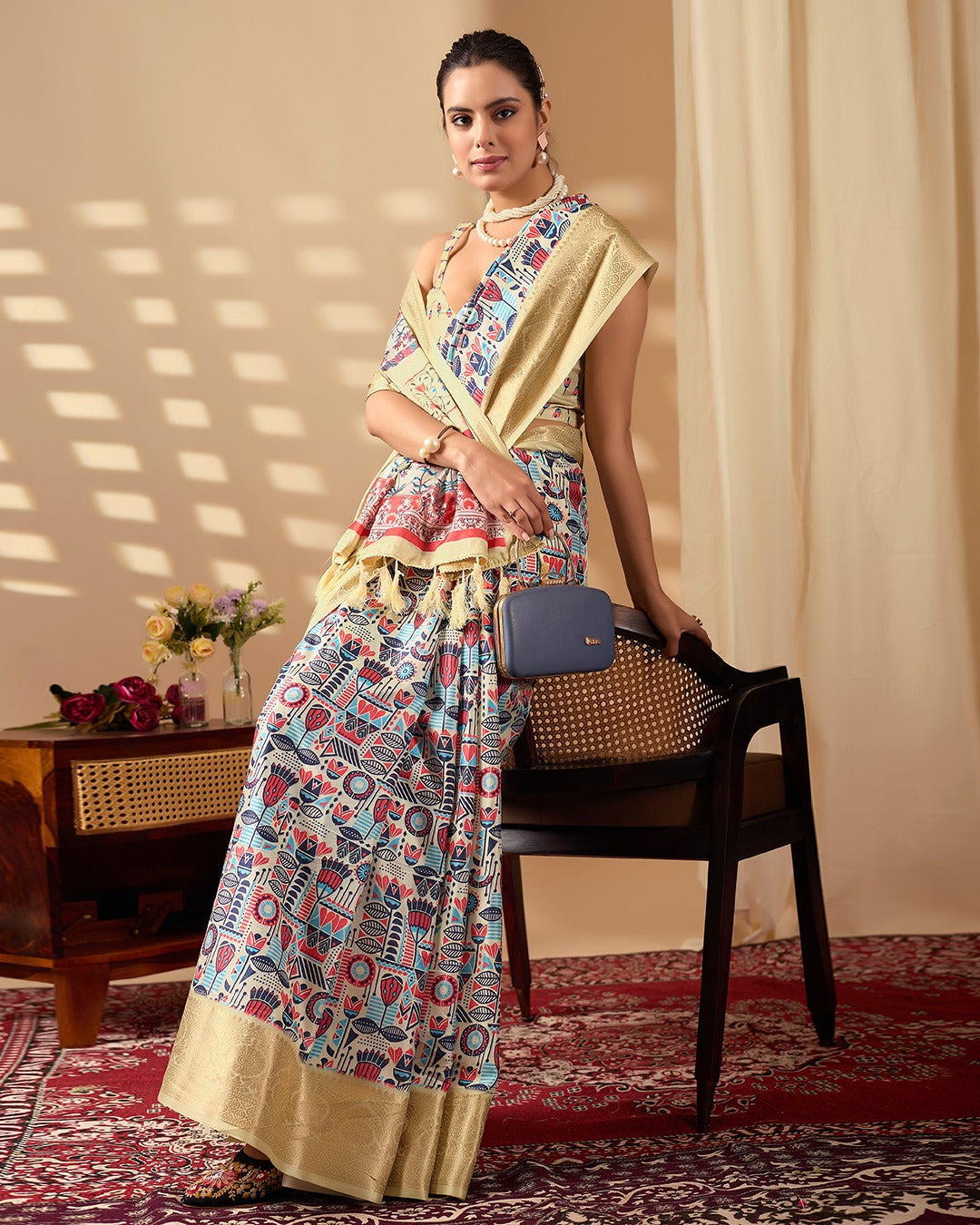 Multicolor Lichi Silk Saree with Golden Zari Border for Women