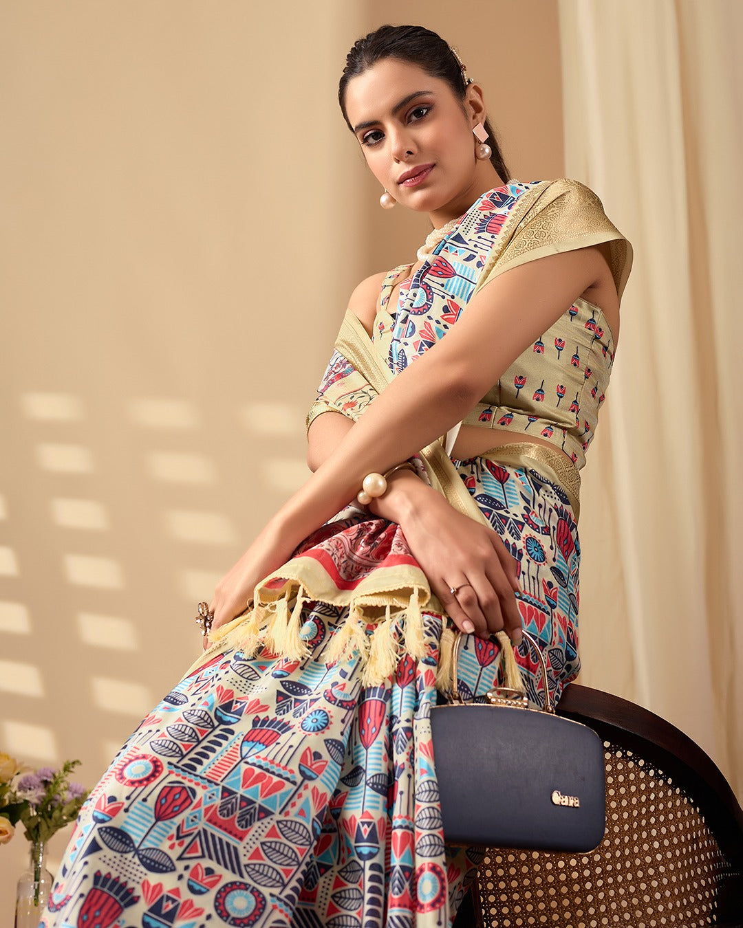 Multicolor Lichi Silk Saree with Golden Zari Border for Women
