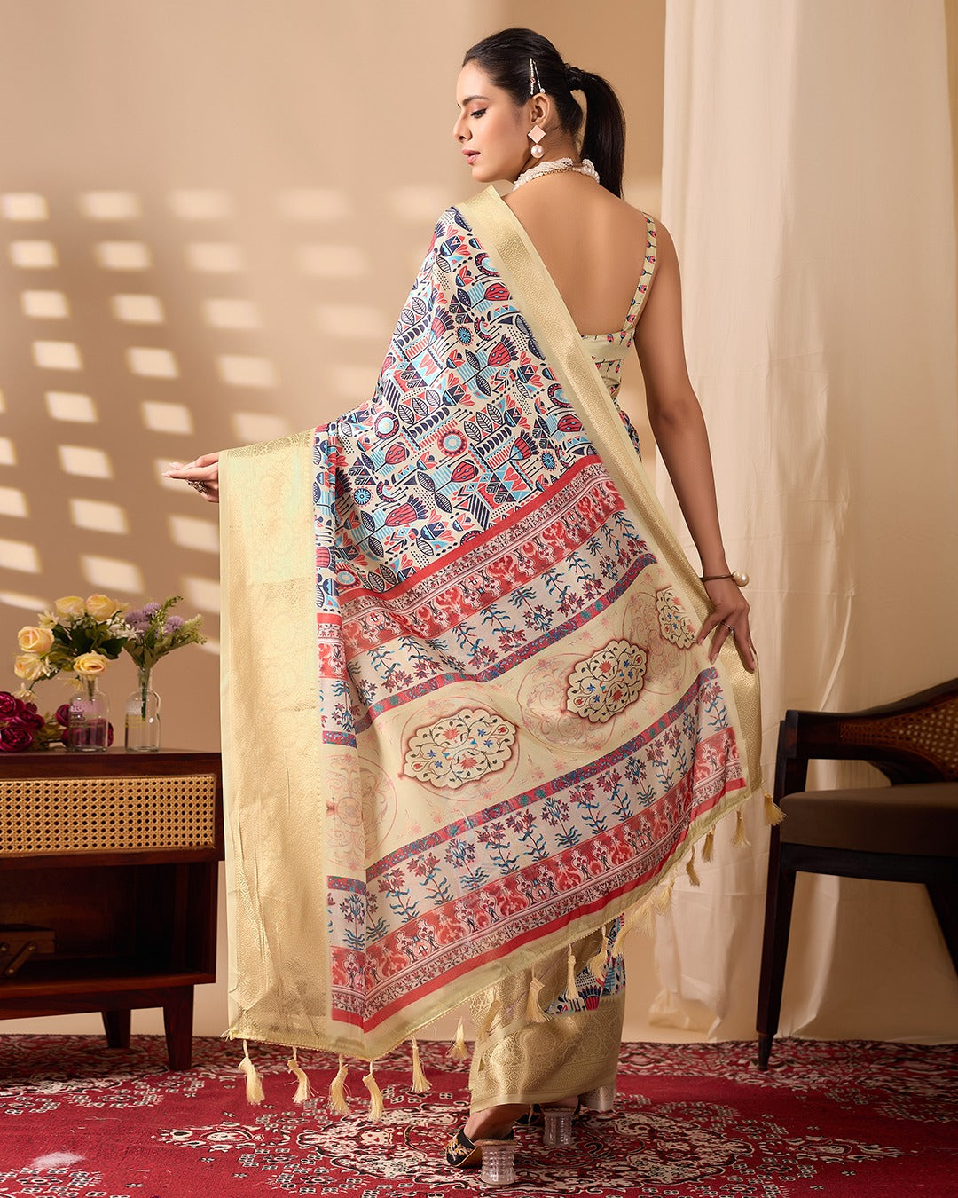 Multicolor Lichi Silk Saree with Golden Zari Border for Women