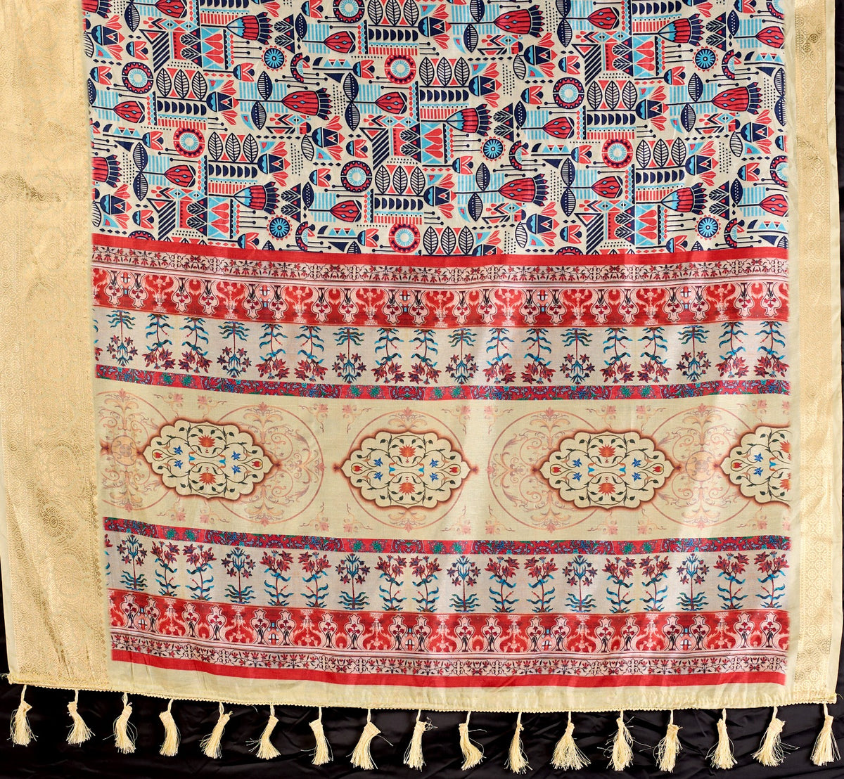 Multicolor Lichi Silk Saree with Golden Zari Border for Women