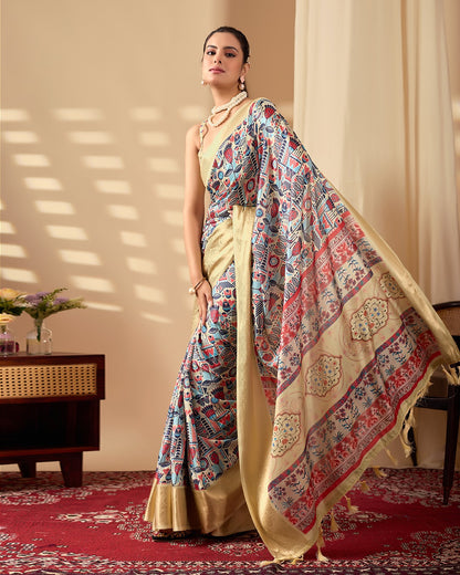 Multicolor Lichi Silk Saree with Golden Zari Border for Women