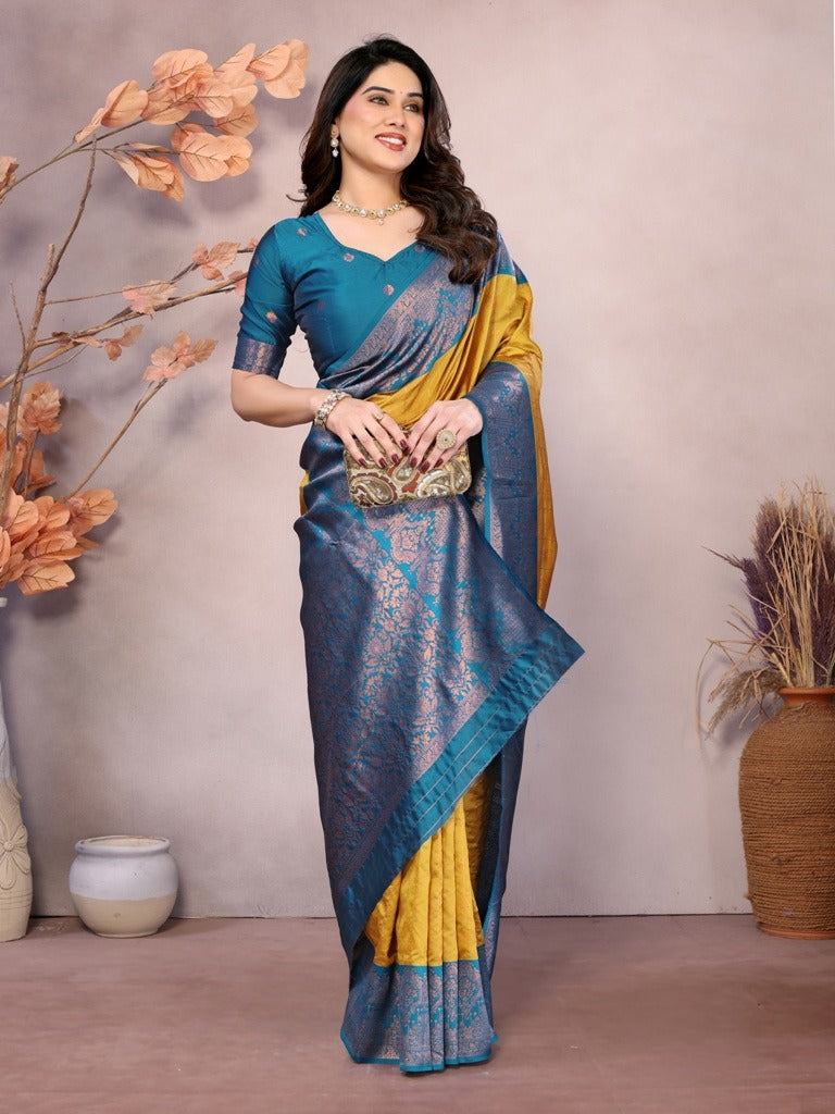 Mustard Teal Banarasi Soft Silk Zari Weave Saree for Women