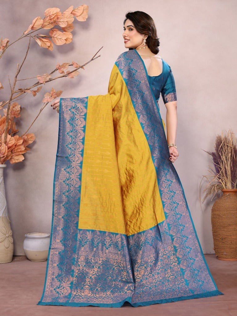 Mustard Teal Banarasi Soft Silk Zari Weave Saree for Women