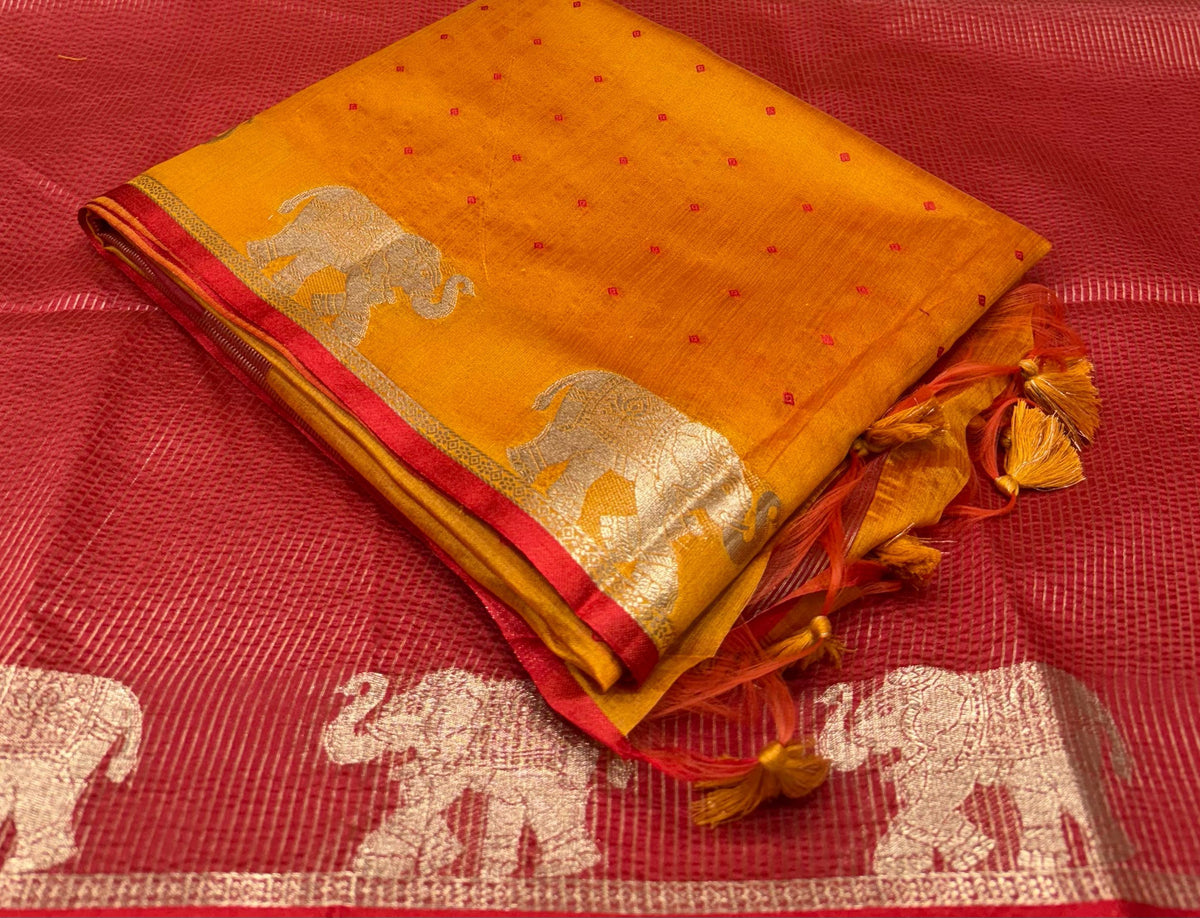 Mustard Yellow Bandhani Silk Saree with Zari Border for Women