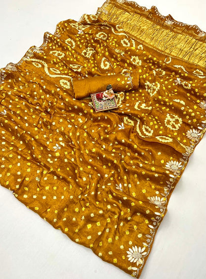 Mustard Bandhani Viscose Gajji Silk Saree with Handwork for Women