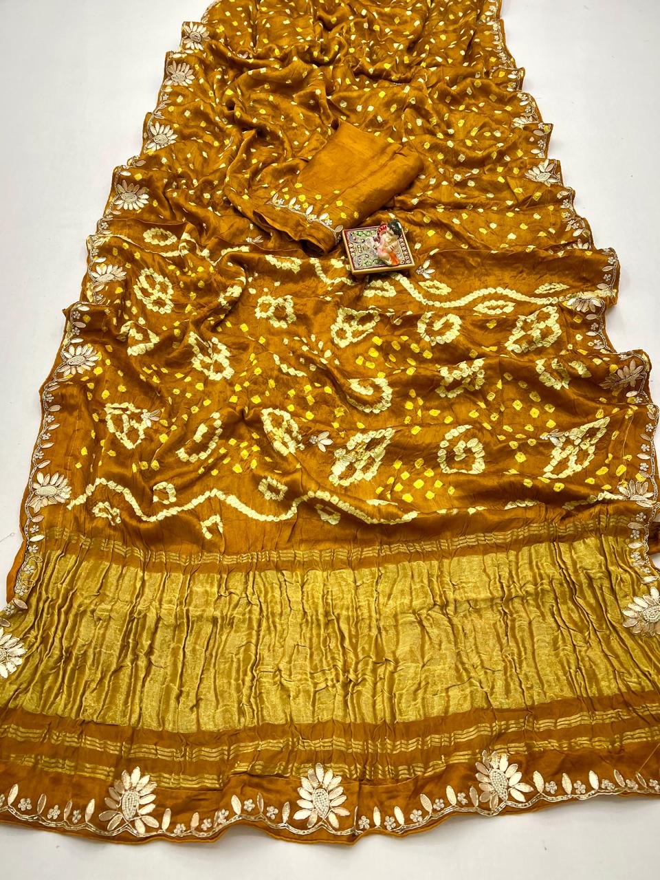 Mustard Bandhani Viscose Gajji Silk Saree with Handwork for Women