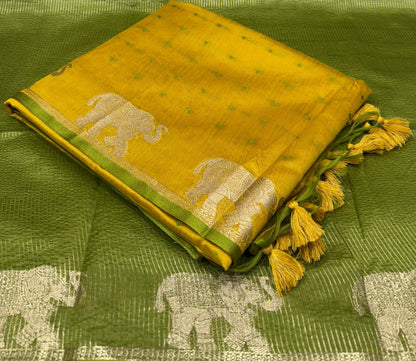 Mustard Bandhani Silk Saree with Elephant Zari Border for Women