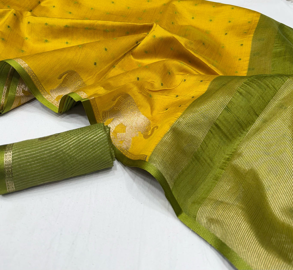 Mustard Bandhani Silk Saree with Elephant Zari Border for Women