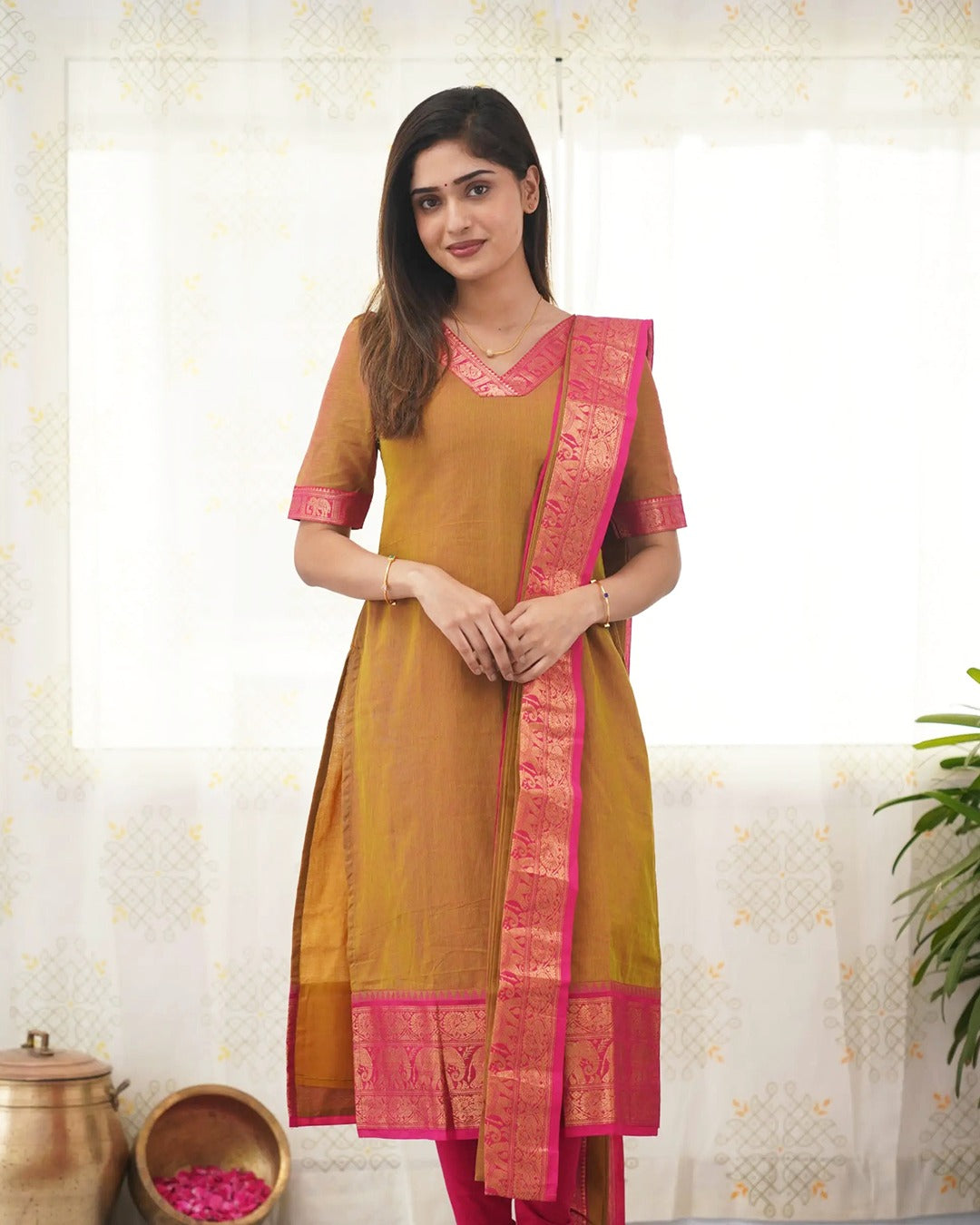 Mustard Kanchi Cotton Kurti Set with Zari Dupatta