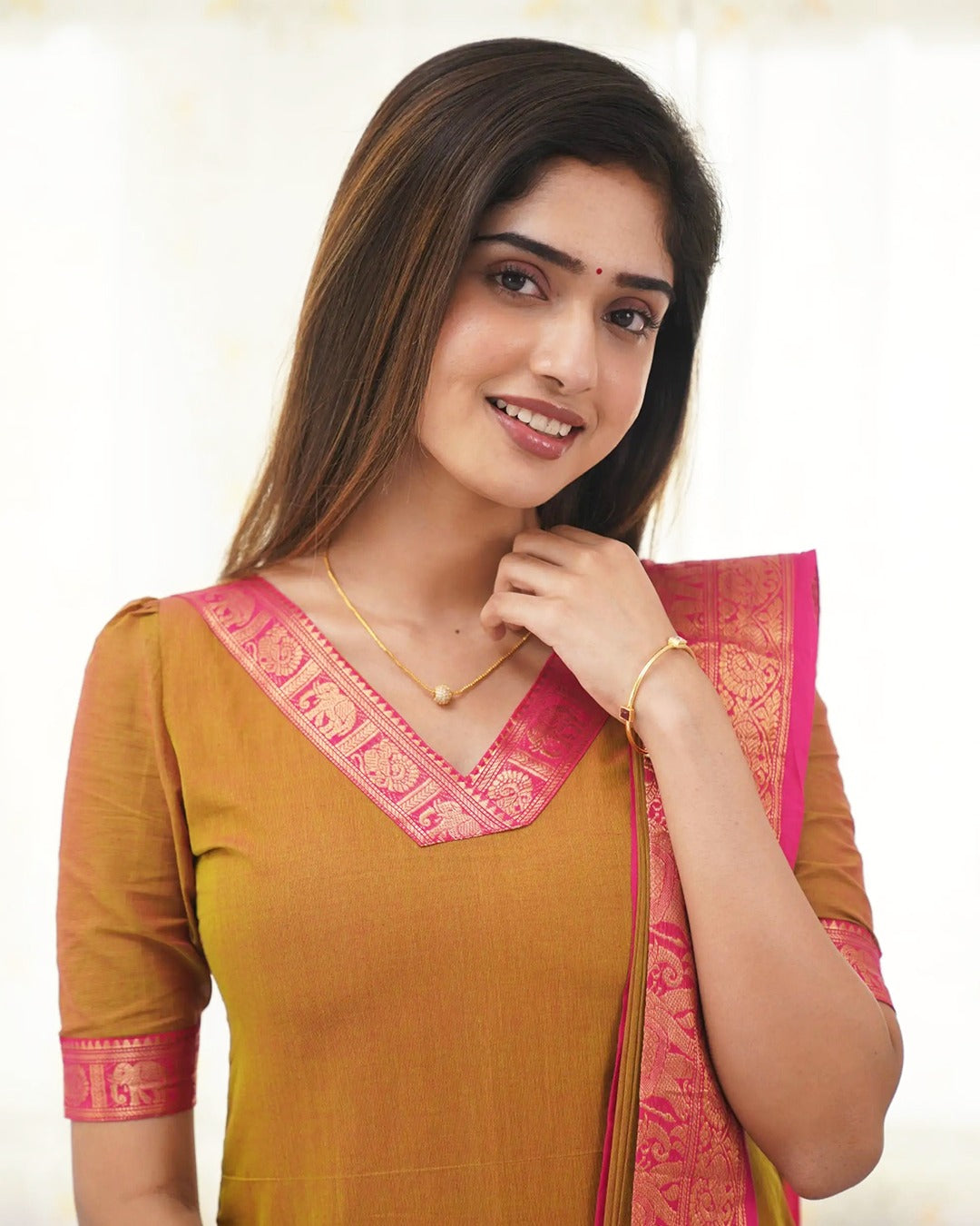 Mustard Kanchi Cotton Kurti Set with Zari Dupatta for Women