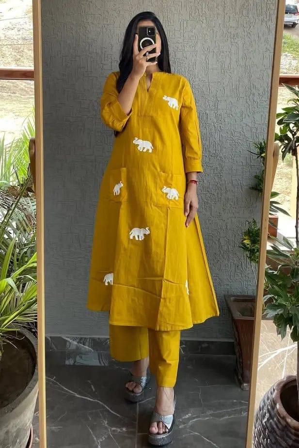 Mustard Rayon Elephant Print Kurti Pant Set for Women