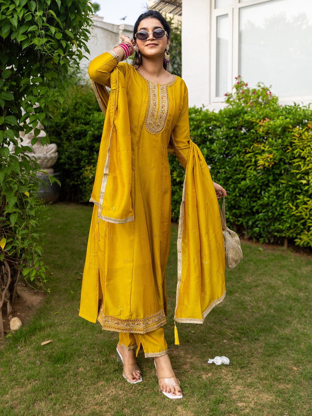 Mustard Silk Embroidered Anarkali Kurti Pant Set Sale for Women