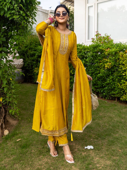 Mustard Silk Embroidered Anarkali Kurti Pant Set Sale for Women