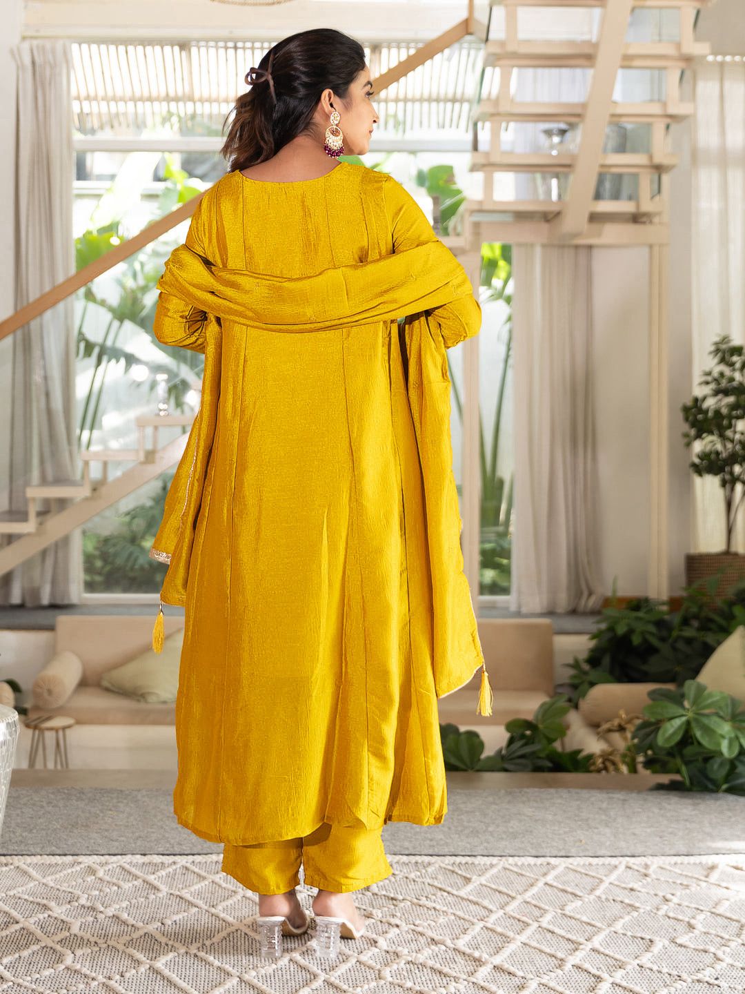 Mustard Silk Embroidered Anarkali Kurti Pant Set Sale for Women