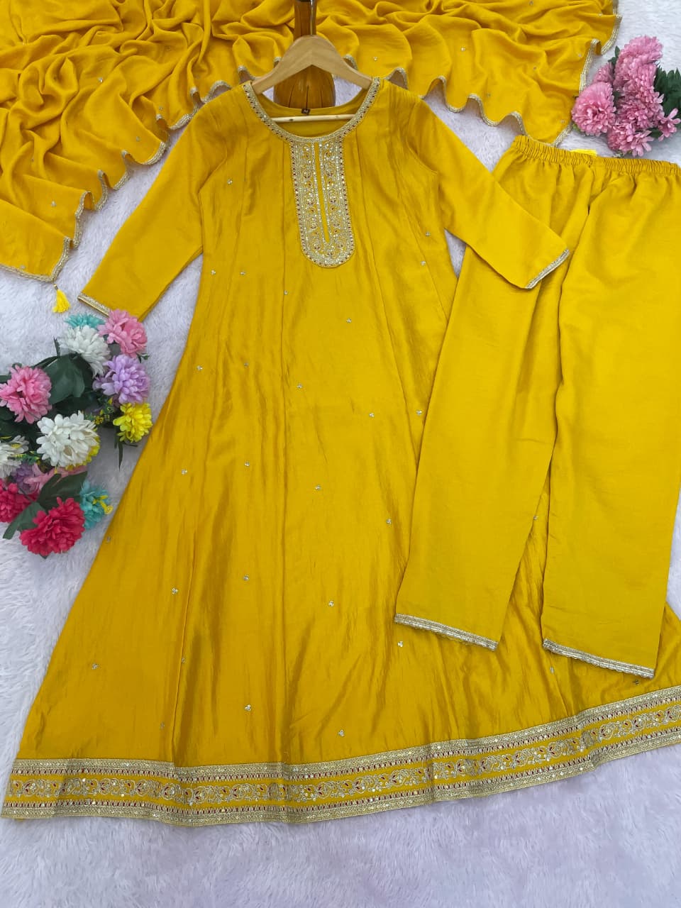 Mustard Silk Embroidered Anarkali Kurti Pant Set Sale for Women
