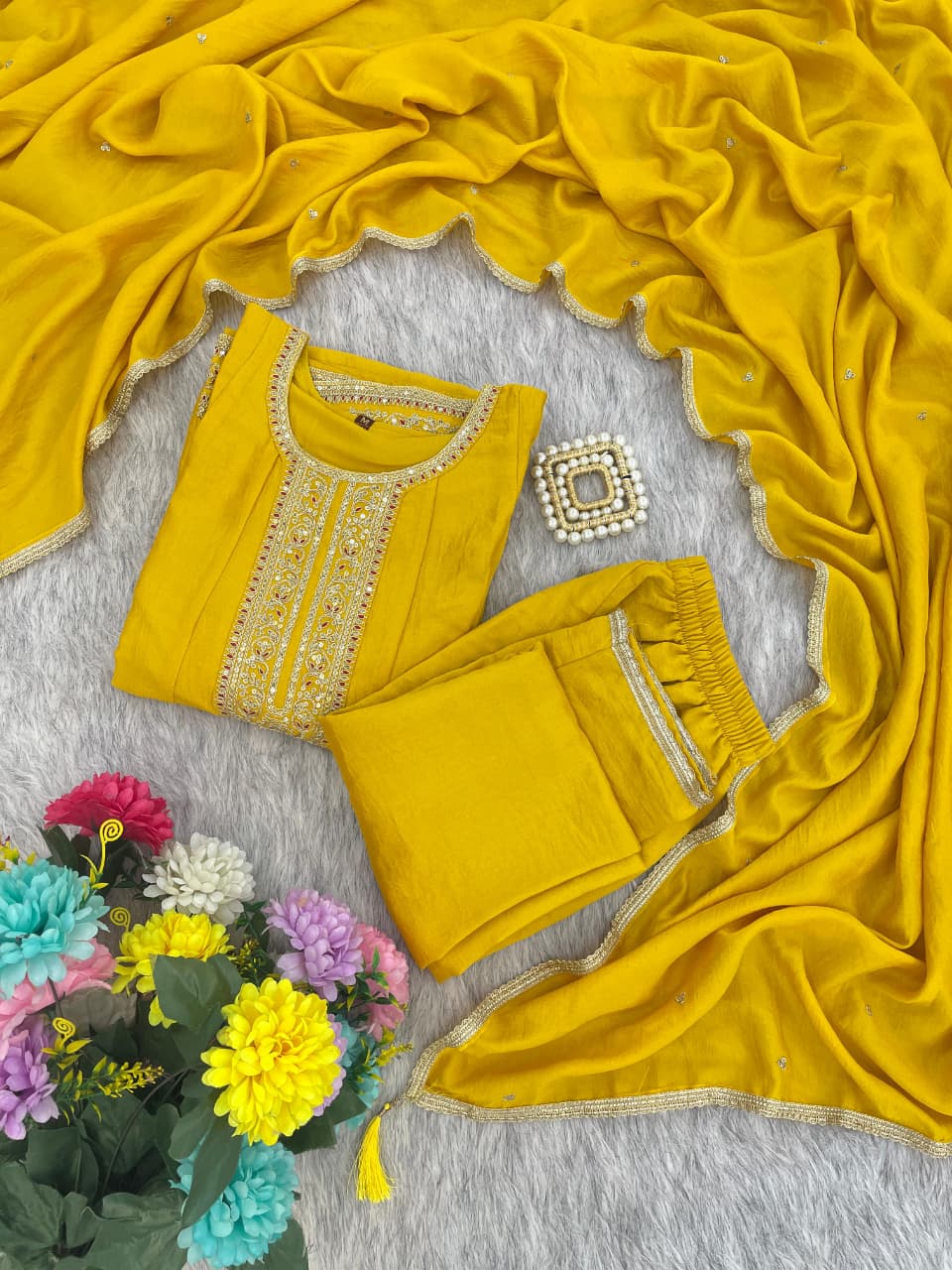 Mustard Silk Embroidered Anarkali Kurti Pant Set Sale for Women