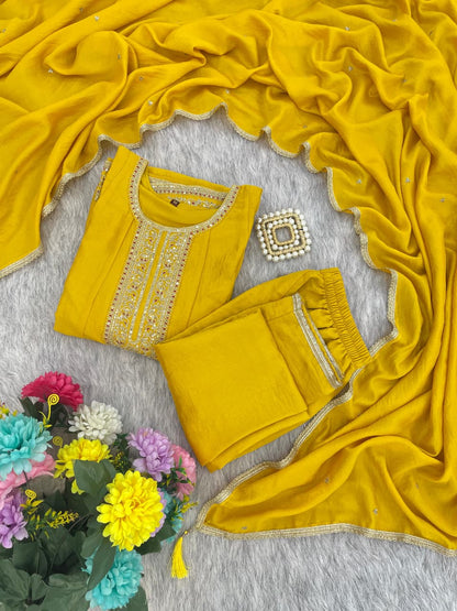 Mustard Silk Embroidered Anarkali Kurti Pant Set Sale for Women