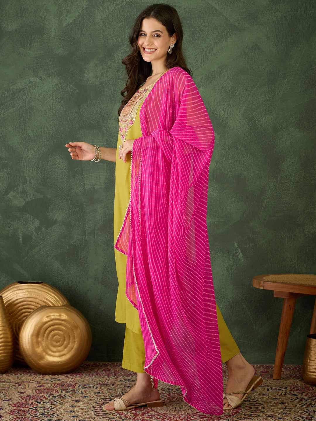 Mustard Embroidered Kurti Pant Dupatta Set Women for Women