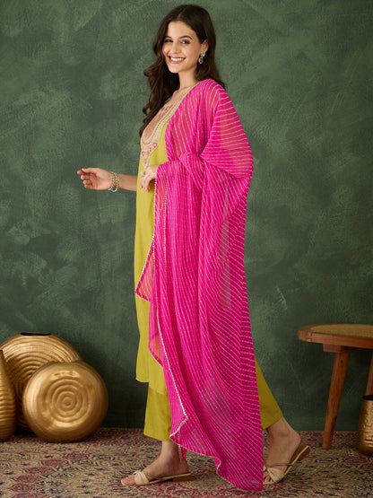 Mustard Embroidered Kurti Pant Dupatta Set Women for Women