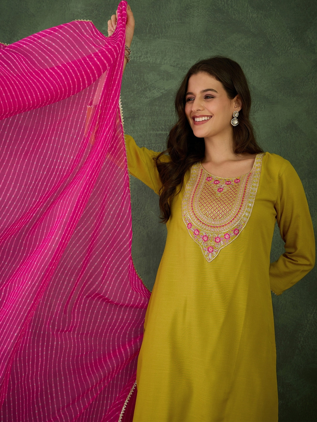 Mustard Embroidered Kurti Pant Dupatta Set Women for Women