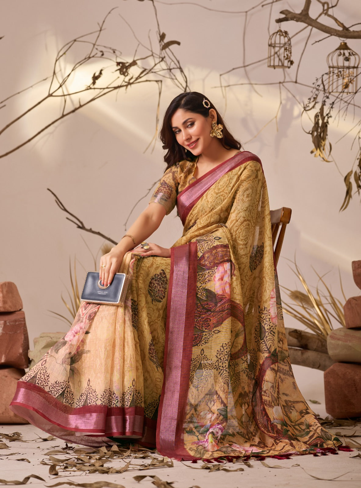 Mustard Floral Printed Linen Cotton Saree With Blouse