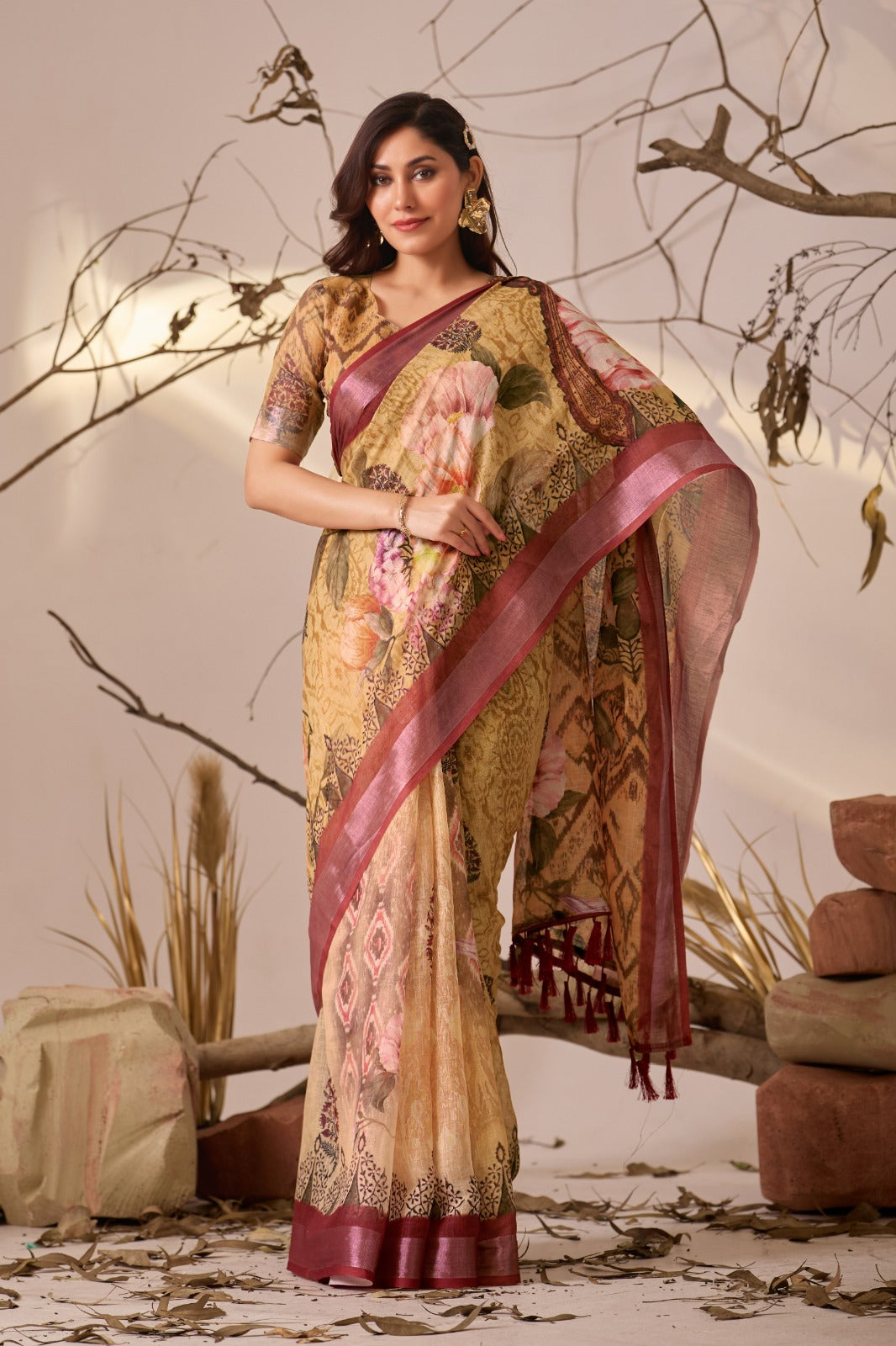 Mustard Floral Printed Linen Cotton Saree With Blouse for Women