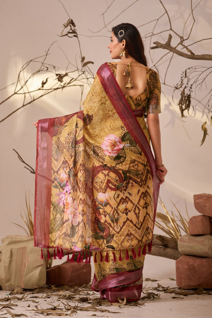Mustard Floral Printed Linen Cotton Saree With Blouse for Women