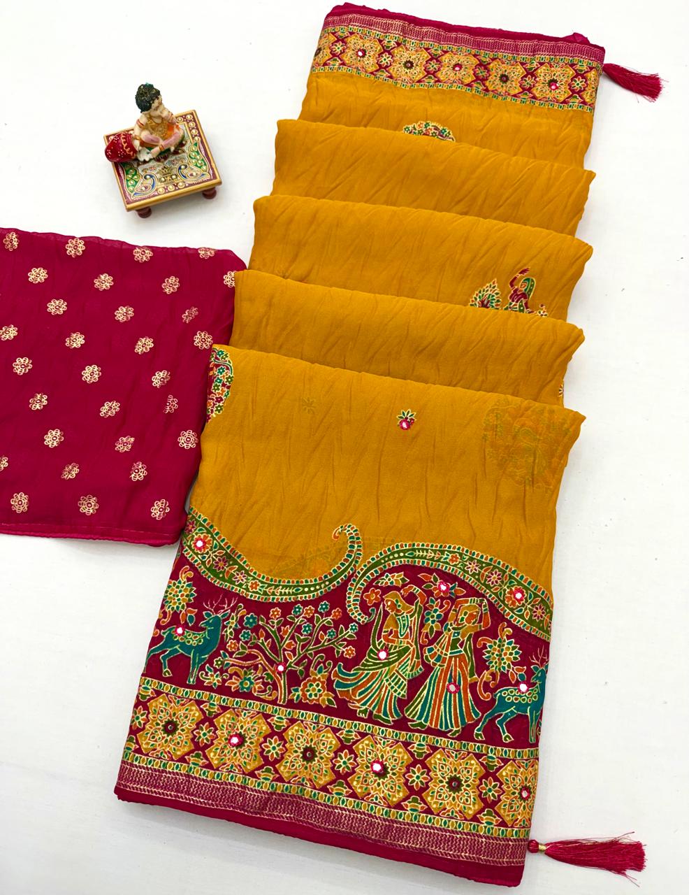 Mustard Moss Georgette Silk Saree With Foil Work for Women