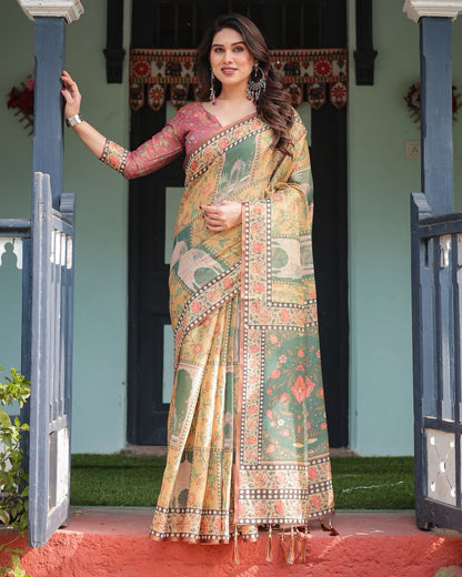 Mustard Olive Handloom Floral Heritage Saree with Pallu for Women