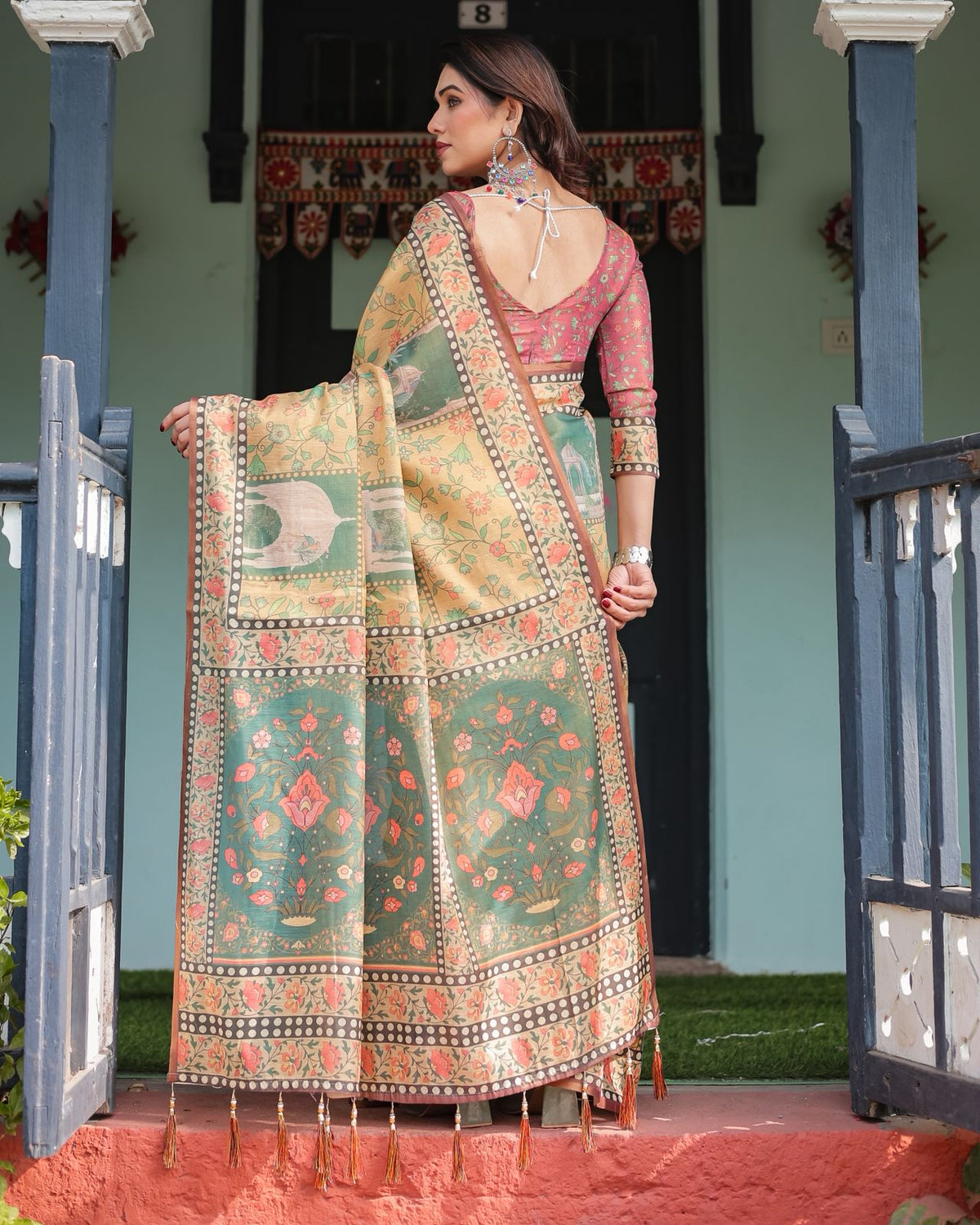 Mustard Olive Handloom Floral Heritage Saree with Pallu for Women