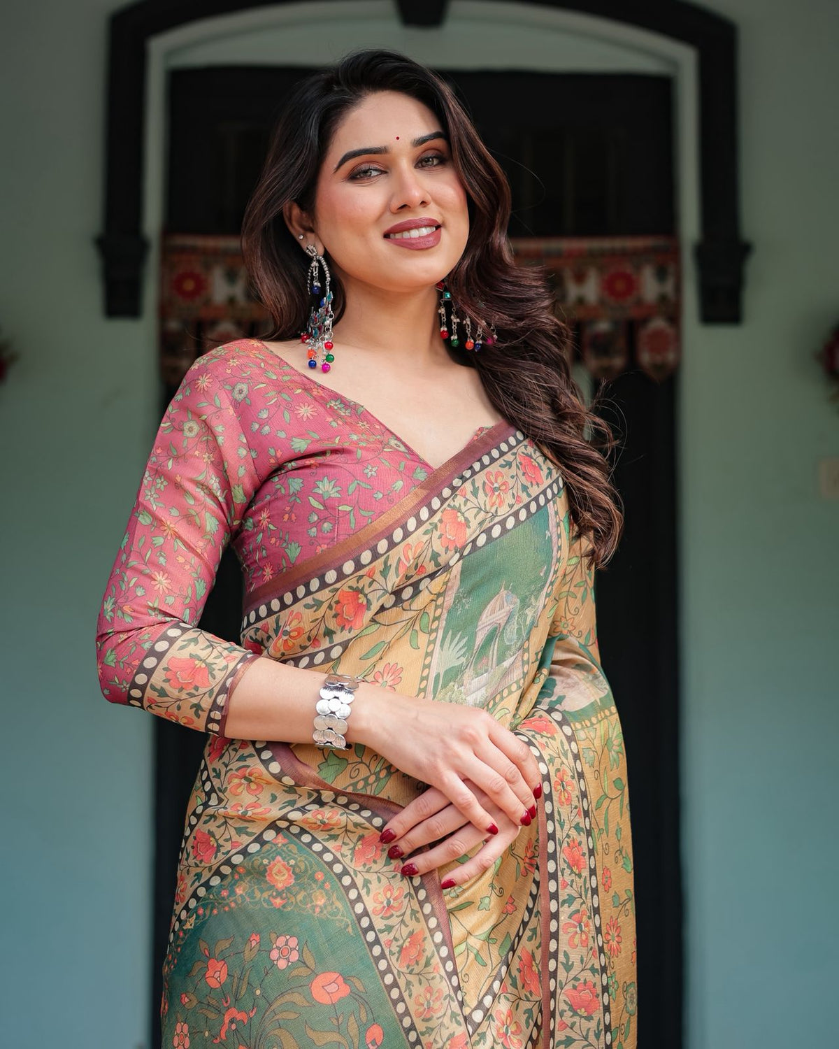 Mustard Olive Handloom Floral Heritage Saree with Pallu for Women