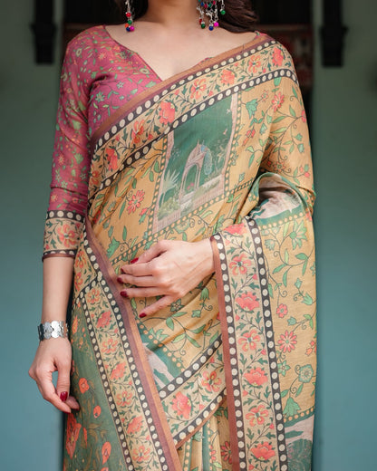 Mustard Olive Handloom Floral Heritage Saree with Pallu for Women