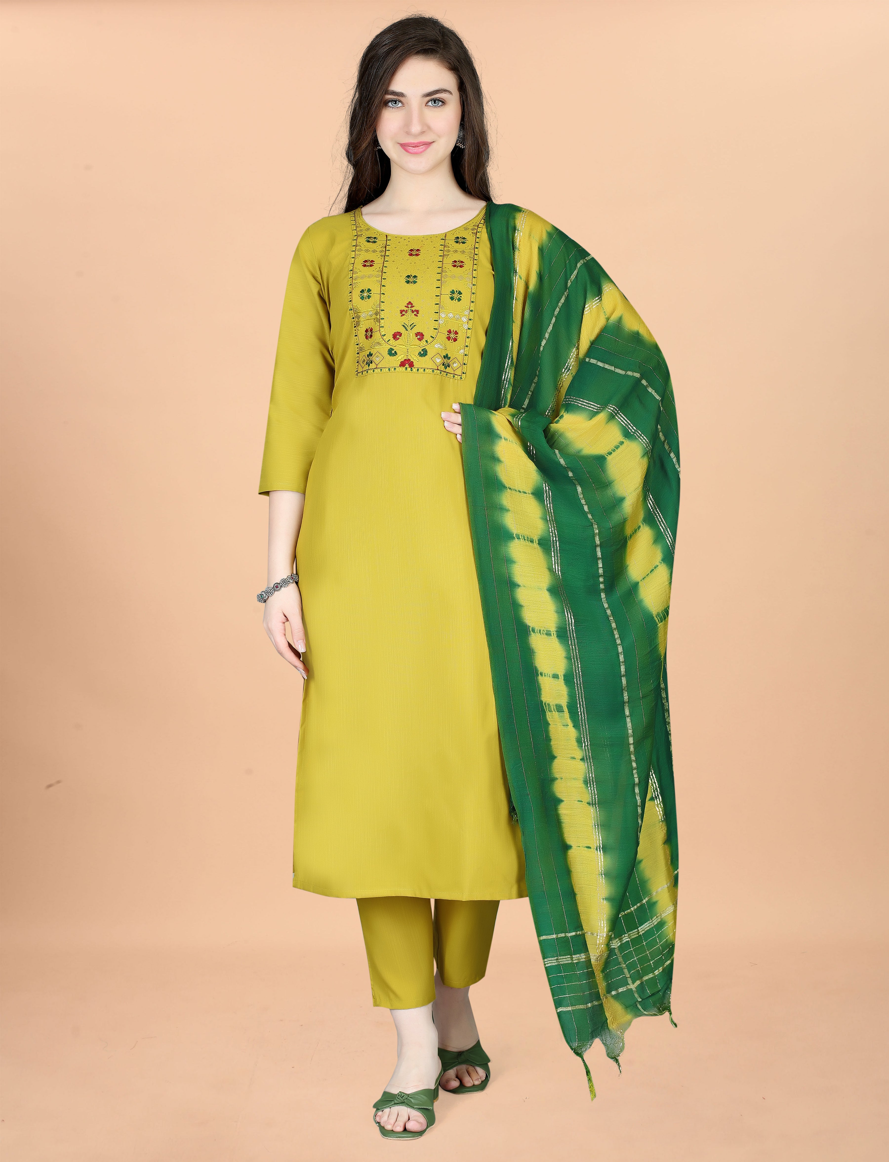 Mustard Embroidered Kurta Pant Dupatta Set for Women
