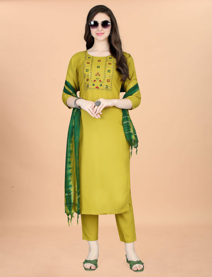 Mustard Embroidered Kurta Pant Dupatta Set for Women