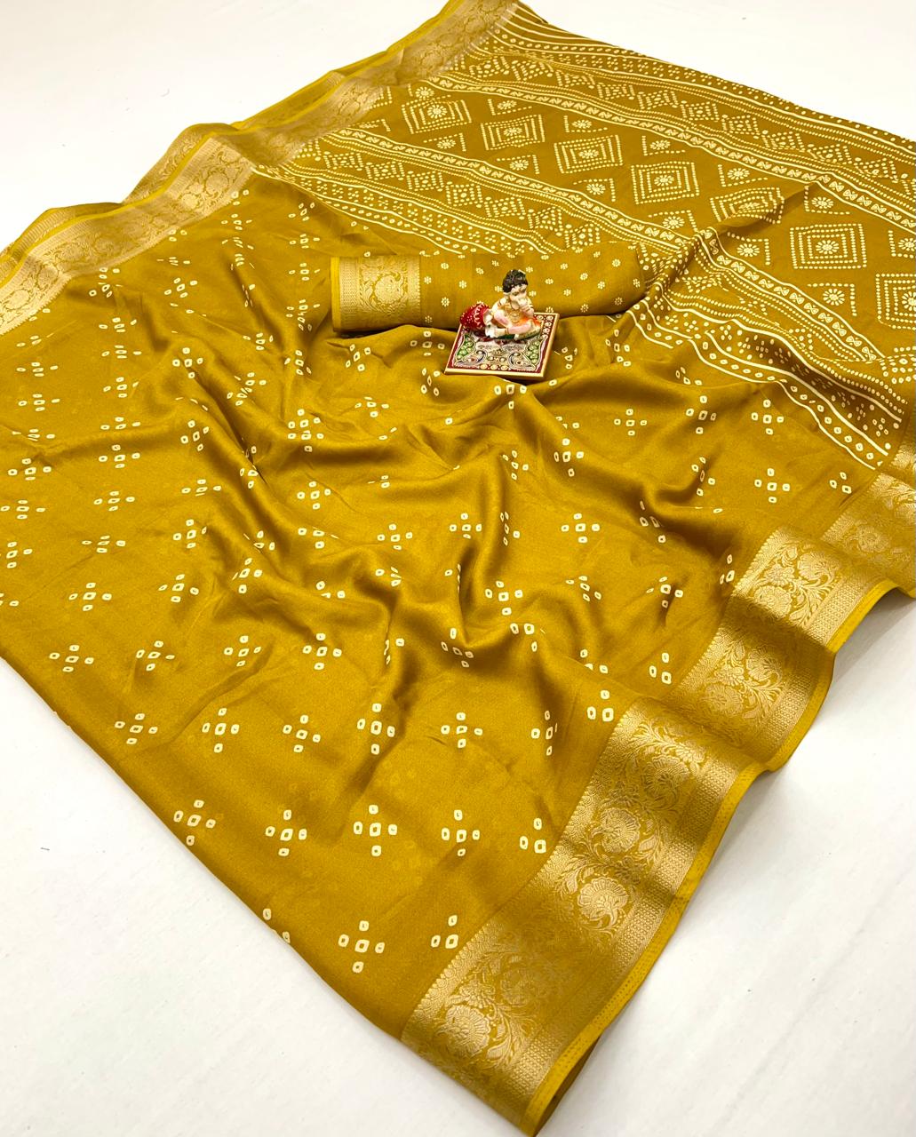Mustard Calcutta Moss Georgette Printed Saree With Zari for Women