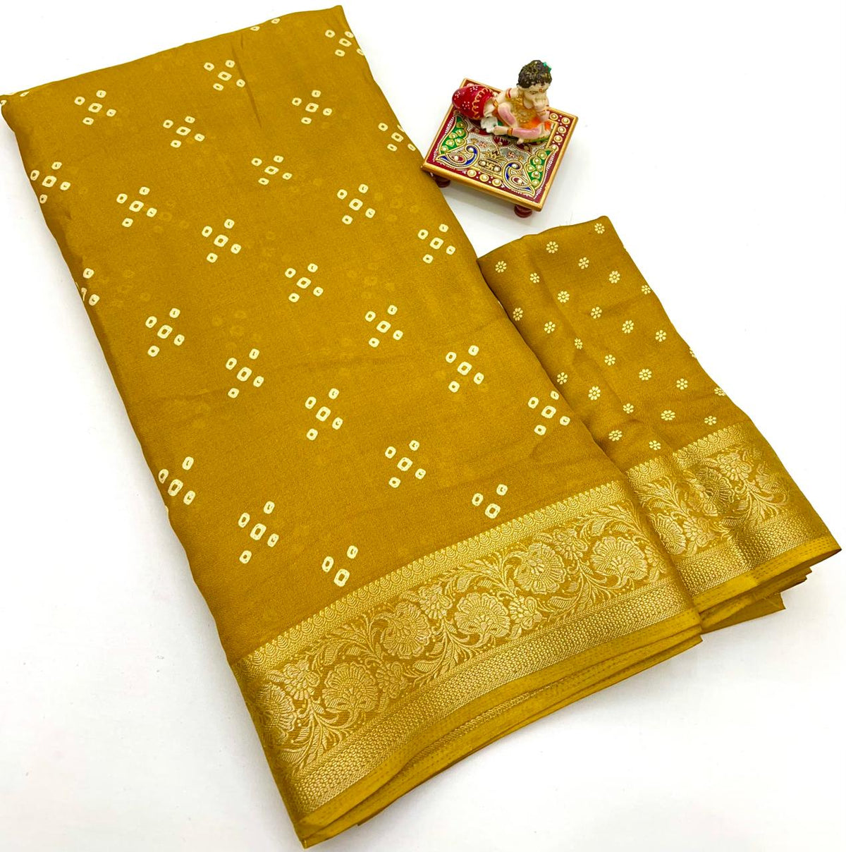 Mustard Calcutta Moss Georgette Printed Saree With Zari for Women