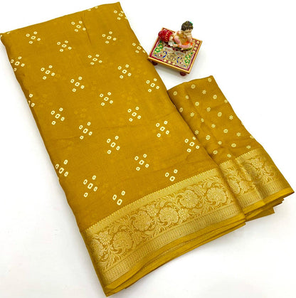Mustard Calcutta Moss Georgette Printed Saree With Zari for Women