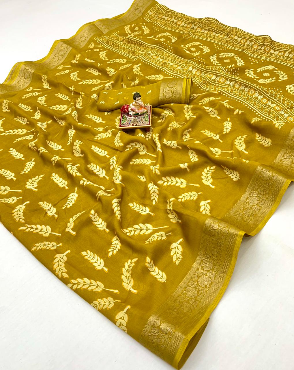 Mustard Printed Moss Georgette Saree With Zari Border for Women