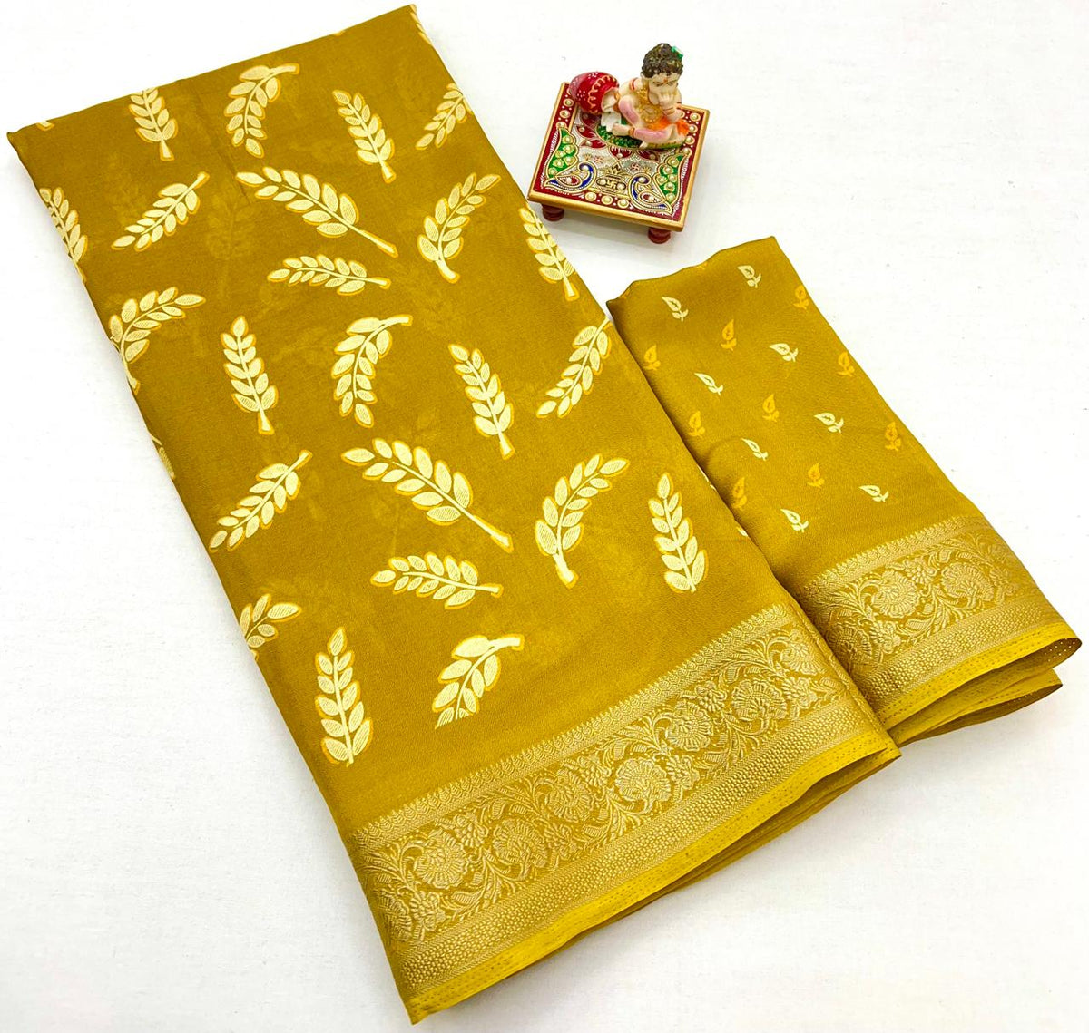Mustard Printed Moss Georgette Saree With Zari Border for Women