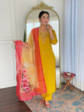 Mustard Embroidered Rayon Kurta Set with Printed Dupatta
