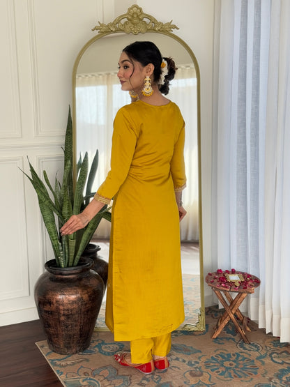 Mustard Embroidered Rayon Kurta Set with Printed Dupatta for Women
