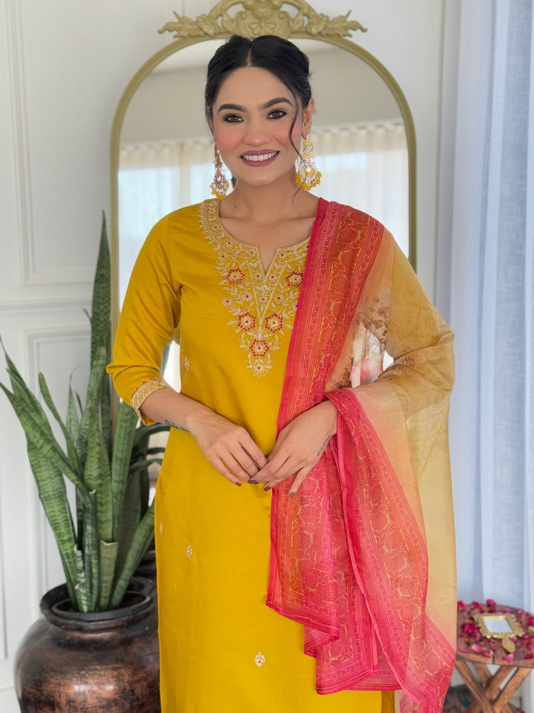 Mustard Embroidered Rayon Kurta Set with Printed Dupatta for Women