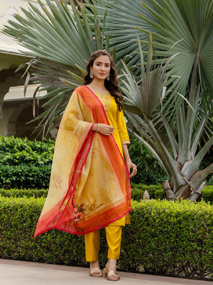 Mustard Embroidered Rayon Kurta Set with Printed Dupatta for Women