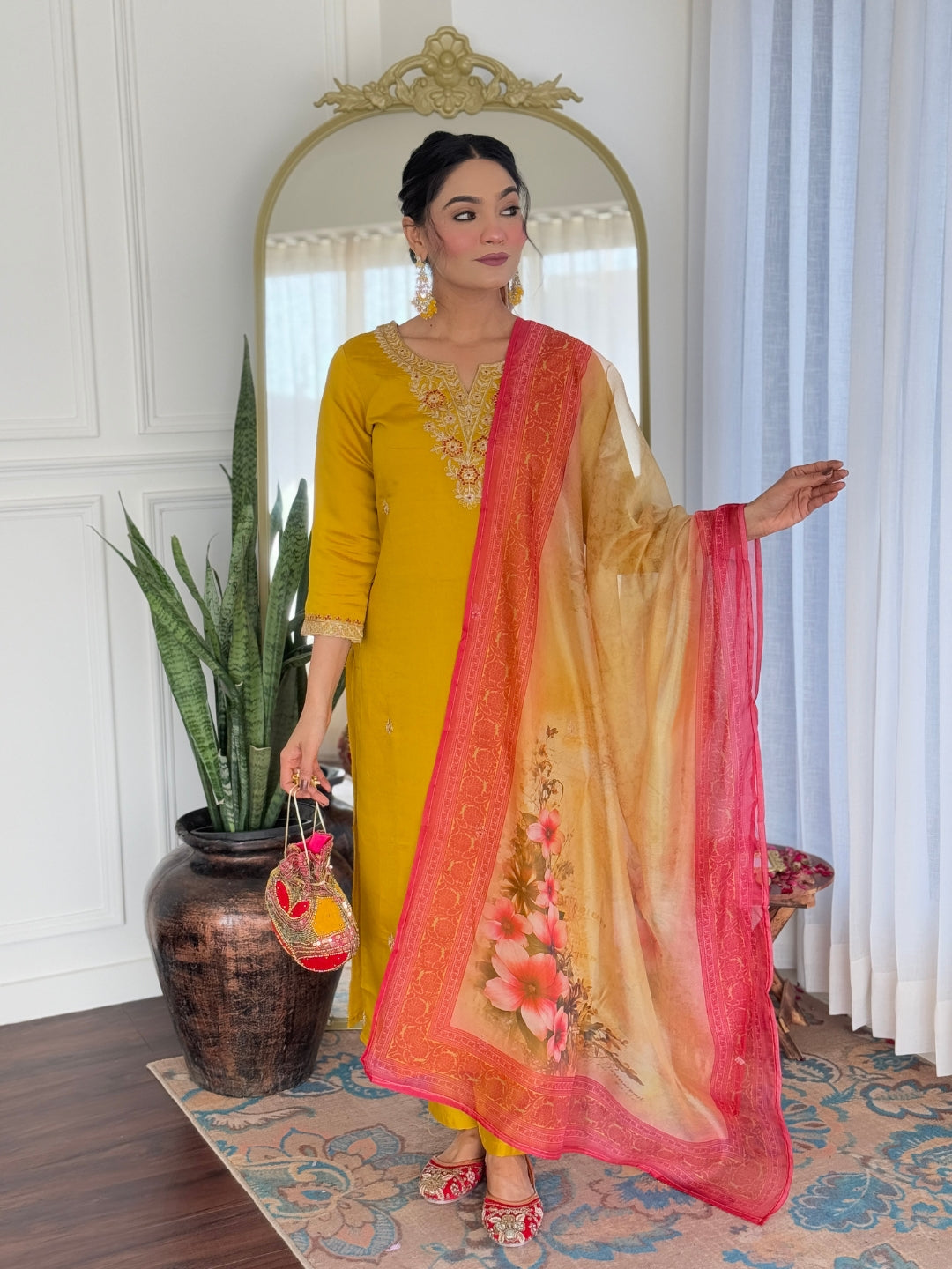 Mustard Embroidered Rayon Kurta Set with Printed Dupatta for Women