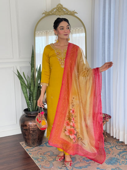 Mustard Embroidered Rayon Kurta Set with Printed Dupatta for Women