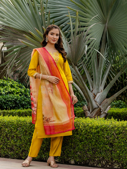 Mustard Embroidered Rayon Kurta Set with Printed Dupatta for Women