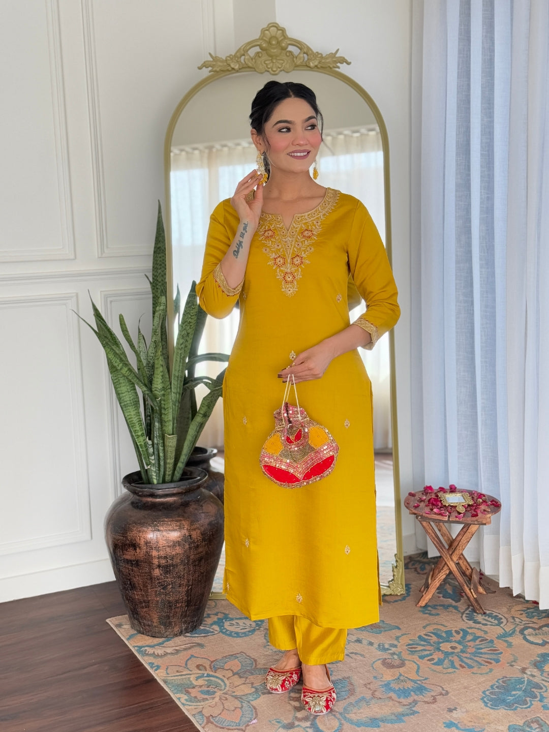 Mustard Embroidered Rayon Kurta Set with Printed Dupatta for Women